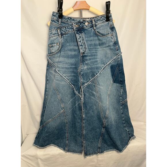 Pilcro Dresses & Skirts - Pilcro Anthropologie Denim Midi Skirt Size 4 Boho Patchwork Raw Hem